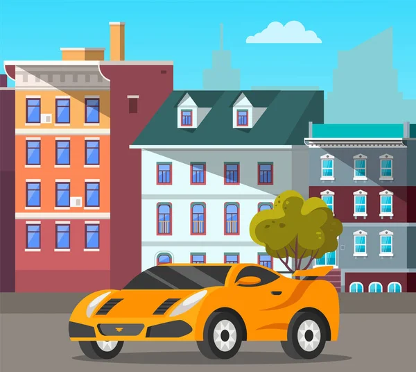 现代汽车的黄色轿车在城市街道上与高楼相对照 城市景观汽车道路载体交通 汽车旅游 家庭汽车旅行 汽车运输 — 图库矢量图片