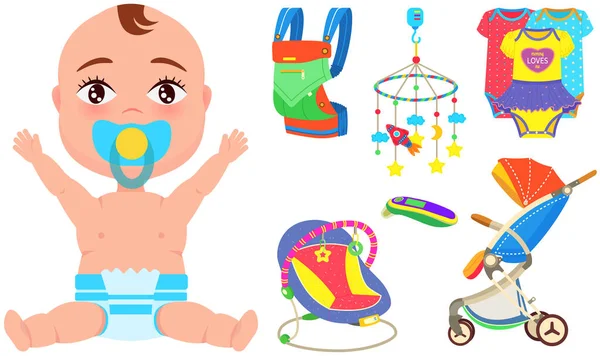 Babypflegeobjekte Zubehör Für Neugeborene Eine Reihe Von Symbolen Geräte Für — Stockvektor
