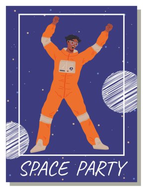 Animators birthday party in cosmic style. Theme party in costumes. Dancing people in costumes have fun at space party. Characters in self made outfits surrounded by cosmic bodies, space disco poster