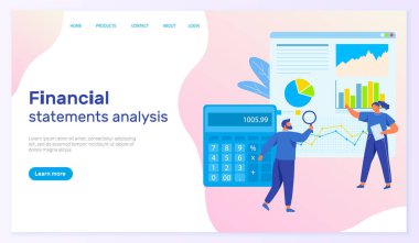 Mali durum analizi, iniş sayfası şablonu. Gelir ve gider hesaplamaları. Çalışma süreci analist ekibi mali rapordaki performansı kontrol ediyor. Şirketlerin faaliyetleri hakkında danışmanlık
