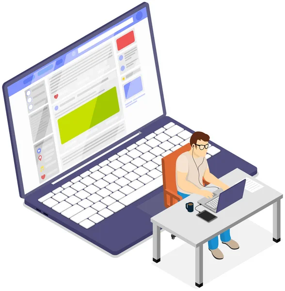 Man Working Remotely Computer Freelance Internet Job Concept Person Sitting — Stock Vector