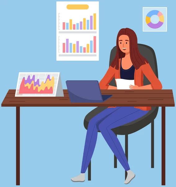 stock vector Woman communicate, workplace with computer. Remote work, freelance, house office, programming, training concept. Lady sitting with laptop and surfing Internet. Female freelancer works from home