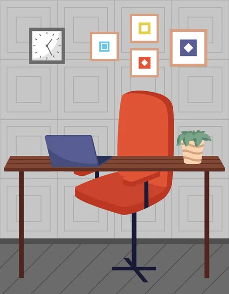 従業員の組織の職場 ワークスペースの設計 オフィスで働くためのスペース インテリアのコンピュータや椅子と家具テーブルの配置 自宅で技術を扱うための場所 — ストックベクタ