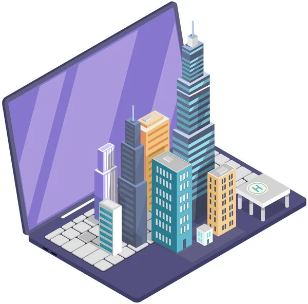 Skyskrapa Olika Byggnader Står Laptop Stad Din Dator Koncept Modern — Stock vektor