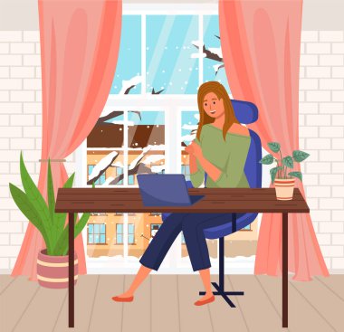 Kadın iletişimi, iş yeri bilgisayarla. Uzaktan çalışma, serbest çalışma, ofis, programlama, eğitim konsepti. Bayan dizüstü bilgisayarla oturup internette sörf yapıyor. Kadın serbest çalışan, evden çalışıyor.