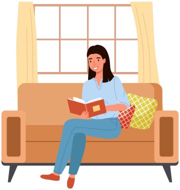 Kitap okuyan genç bir kadın, modern koltukta yastıkların üzerinde oturuyor. Boş zaman ve eğitim. Edebiyatla rahatlamak. Kız evde dinleniyor. Öğrenci ders kitabı okuyor. Bir kitap oku.
