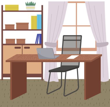 Çalışanların örgütlenme yeri. Worspace oda tasarımı, ofiste çalışmak için yer. İçi bilgisayar ve sandalyeli mobilya masası düzenlemesi. Evde teknolojiyle çalışmak için uygun bir yer