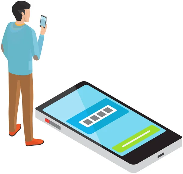 Homme Tient Utilise Smartphone Navigation Bavardage Textos Regarder Des Vidéos — Image vectorielle