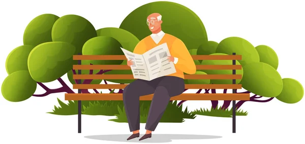 老人は公園のベンチに座って新聞を読む 自然景観 新鮮な空気のレクリエーションの背景に退職 レジャー活動高齢者のライフスタイル ニュースで高齢者の休息とリラックス — ストックベクタ