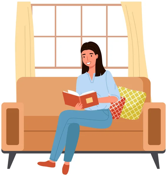 若い女性の本を読んで 現代の椅子に枕の上に座っている 余暇と教育 文学とのリラクゼーション 女の子は家でリラックス 学生は教科書を読む 本を読む — ストックベクタ