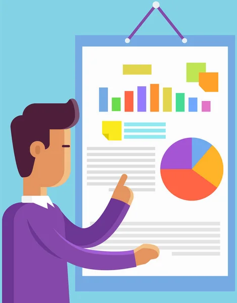 Man Stands Board Statistics Diagrams Explore Businessman Doing Report Data — Stock Vector