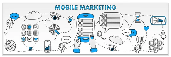Marketing Mobilny Aplikacją Smartfona Reklama Pośrednictwem Koncepcji Internetowej Przyciąganie Nowych — Wektor stockowy