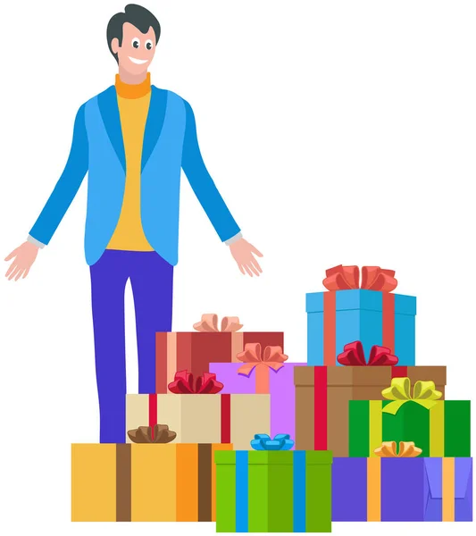 家族や友人への贈り物がたくさんある幸せな買い物客の若い男性 季節の休日の販売 黒い金曜日またはサイバー月曜日 笑顔の男はリボンと弓で箱の山に立っています — ストックベクタ