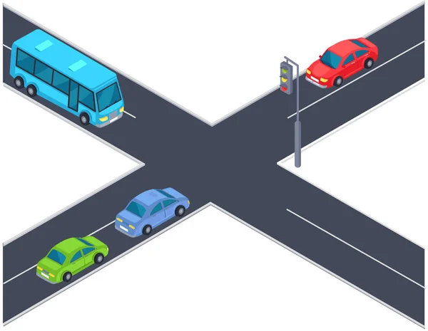 Crossroad Straat Met Auto Vector Illustratie Kruising Met Auto Tijdens — Stockvector