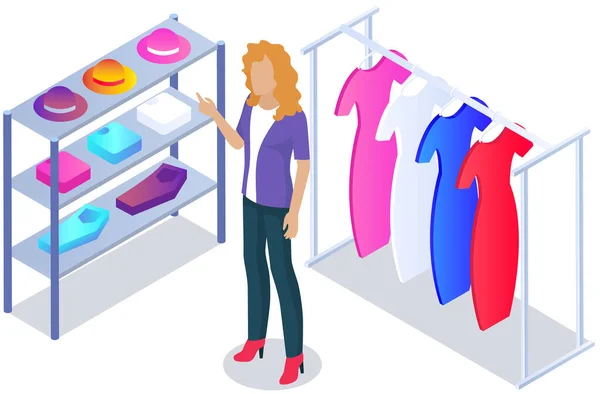 Πελάτης Επιλέγει Ρούχα Στο Κατάστημα Shop Βοηθός Σύμβουλος Βοηθά Τον — Διανυσματικό Αρχείο