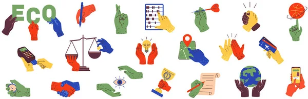 Händerna Håller Saker Mänskliga Handflator Med Olika Föremål Attribut Enheter — Stock vektor