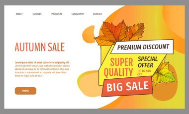 Mevsimlik teklifli kart mağazadan, vektörden. Sonbaharda mağaza satışı. Sonbahar indirimleri var. Sonbahar yaprakları altın etiket ile. El ilanı fiyatları ve indirimli maliyet, promosyon kaliteli mallar