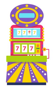 Para bahislerinde kumar oynamak, üçlü yedili gösteren izole bir kumar makinesi. Şanslı sayı, kumarbazın kazanan başarısı. Piyango ve bingo sembolü. Çizgi film tarzında vektör illüstrasyonu