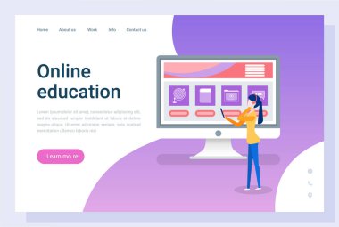 Çevrimiçi eğitim vektörü, sınavlara hazırlanan kadın. Kulaklık takan, akıllı telefondan program dinleyen, yeni disiplin okuyan bir öğrenci. Web sitesi veya web sayfası şablonu, iniş sayfası düz biçimi