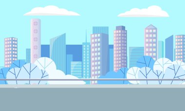 Skyscraper construction, high buildings and trees in city, modern architecture. Downtown panoramic view, district with park, cityscape in blue winter color vector. Flat cartoon clipart