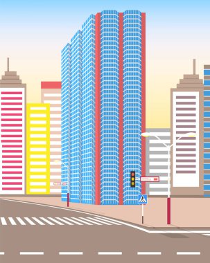 Binaları ve boş caddeleri olan bir kasaba, şehir yolu ve evleri 3 farklı görünüme sahip. Güneşli şehir manzarası. Skyline, zebrayla kesişen yol. Evlere bakan şehir manzarası. Ubran manzarası. Düz çizgi film