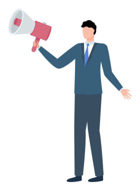 Hoparlörlü takım elbiseli adam çizgi film karakterini izole etti. Kravatlı, ceketli ve pantolonlu vektör işadamı megafona konuşuyor. Üretici ve erkek