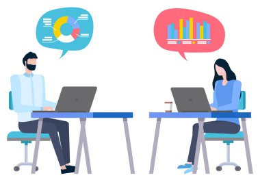 Komisyoncular işbirliği yapıyor, kadın ve erkek bilgisayar başında oturmuş istatistiksel grafikleri ve grafikleri düşünüyorlar. Vektör karikatür stili işçiler ürünleri internette satıp satın alıyorlar