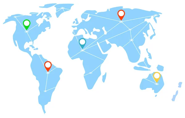Mapa Wskaźnikami Lokalizacji Połączonymi Liniami Kontynentami Krajami Geotagiem Połączenie Komunikacja — Wektor stockowy