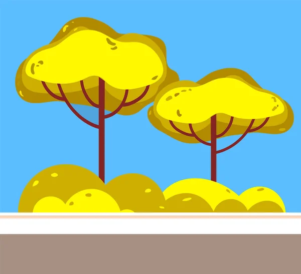 Дорога Осеннем Парке Желтые Зеленые Деревья Кусты Растут Тротуаром Летние — стоковый вектор