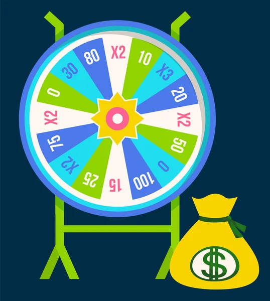 Fortune Hjul Och Summan Pengar Väska Isolerade Snurrande Roulette Med — Stock vektor
