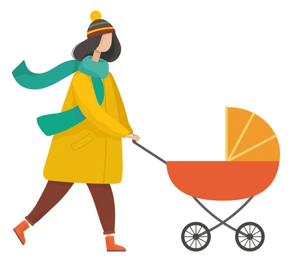 Mother going with pram in autumn park. Woman character going with baby in stroller. Side view of female character wearing warm clothes and walking outdoor, motherhood and leisure activity vector