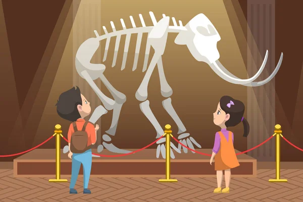 Educación Escolar Excursiones Vector Niño Niña Mirando Esqueleto Criatura Prehistórica — Vector de stock