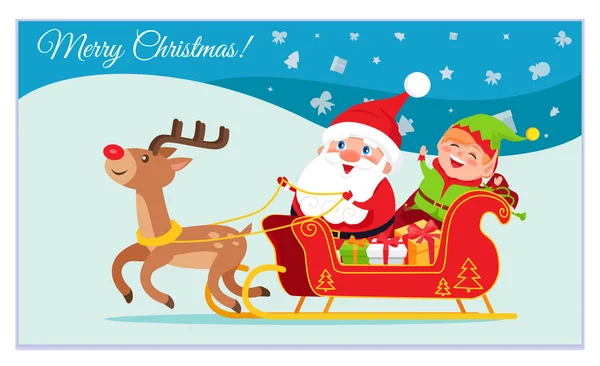 メリークリスマスベクトル 冬休みのお祝い キャラクター付き装飾カード サンタクロースは自己と一緒に馬車に乗って提示します 雪景色の中を走るトナカイ 12月の新年 — ストックベクタ