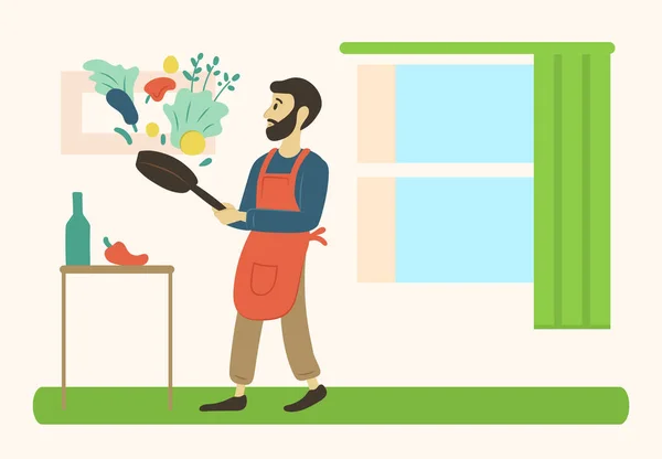 Homme Maison Cuisinant Vecteur Déjeuner Mâle Préparant Dîner Partir Légumes — Image vectorielle