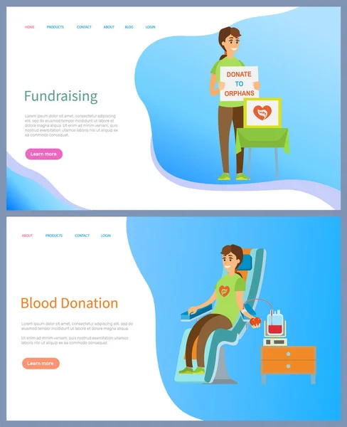 Raccolta Fondi Donazione Sangue Volontariato Aiuto Assistenti Sociali Con Tavolo — Vettoriale Stock