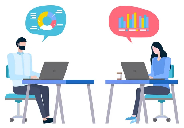 stock vector Brokers collaboration, man and woman sitting at computers thinking about statistical graphs and charts. Vector cartoon style workers sell and buy goods online