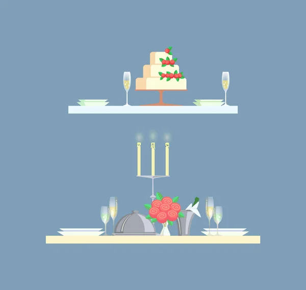 两个人的餐桌上放着大大的结婚蛋糕 陶瓷盘和装满香槟酒的玻璃杯 用玫瑰和炽热的蜡烛矢量装饰的木板 — 图库矢量图片