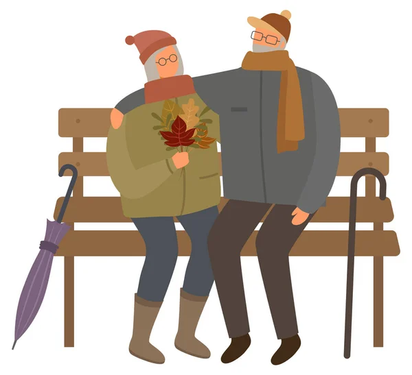 Vieux Couple Assis Sur Banc Bois Dans Des Vêtements Chauds — Image vectorielle