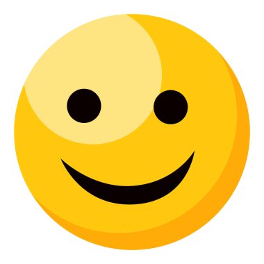 Sarı gülümseyen mutlu emoji beyaz arka planda izole edilmiş. Duygu simgesi ya da simge. Metin mesajlar için siyah gözlü ve ağızlı sevimli ve komik yuvarlak yüz ifadesi düz tasarım vektör illüstrasyonu