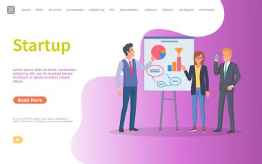 Hatip, iş projesi vektörü hakkında fikir veriyor. Sunumu dinleyen yatırımcılar, diyagram ve bilgi tabloları gösteren adam, iş stratejisi. Web sitesi veya web sayfası şablonu, iniş sayfası düz biçimi
