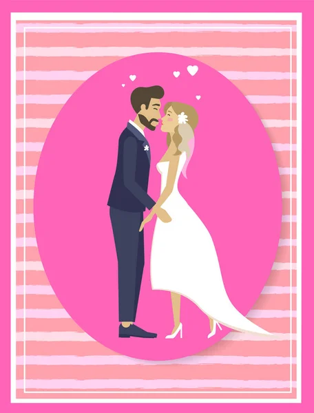 Małżeństwo Garniturze Ślubnym Całowanie Białej Sukienki Różowa Owalna Ramka Wektor — Wektor stockowy