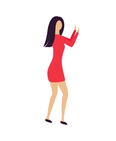 Girl wearing dress dancing indoor, woman moving element, side and full length view of dancer character, person in nightclub or concert, disco vector