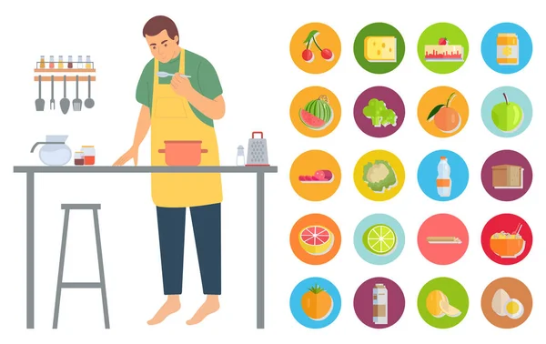 Pastime Man Vector Isolated Male Wearing Apron Pastime Preparing Food — Stock Vector