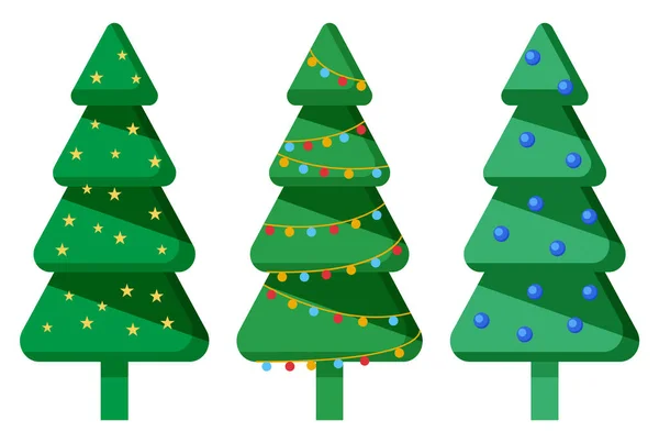 圣诞树装饰 一套孤立的云杉与花环和灿烂的灯光 庆祝寒假的圣诞节象征植物 常绿植物区系 一株有分生孢子的乔木 — 图库矢量图片