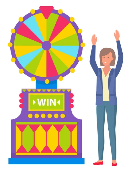 Щасливий Переможець Піднімається Руками Біля Рулетки Ігрового Автомата Обладнання Статку — стоковий вектор