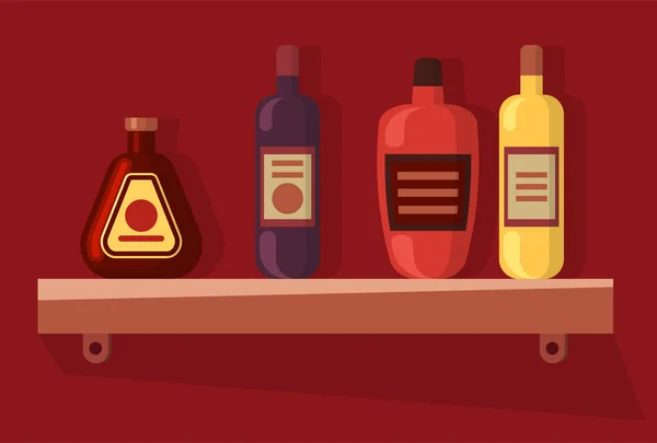 Minuman Beralkohol Botol Rak Kayu Terisolasi Dinding Merah Minuman Diatur - Stok Vektor