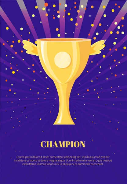 Cartaz Campeão Com Vetor Texto Copo Ouro Com Asas Confete —  Vetores de Stock