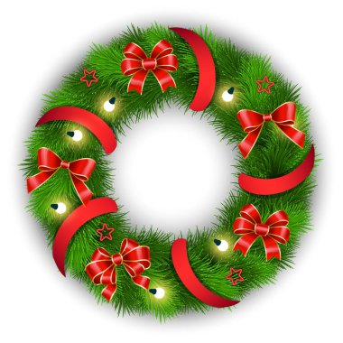 Geleneksel Noel çelengi. Çam ağacı dalları ve konilerden, çelenklerden ve şeritli kurdelelerden oluşan izole bir bileşim. Çember şeklinde ladin. Kış mevsimi dekor vektörü