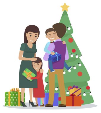Anne ve baba, Noel 'de birbirlerine hediye veriyorlar. Ayrı bir aile, elinde hediyeler olan bir çocuk çam ağacından süslenmiş bir tişört ve yıldızla duruyor. Düz biçimli vektör