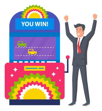 İş adamı karakteri kazanmak, kumar ekipmanlarıyla yarış oyunu oynamak. Renkli joystick, kumarhane eğlencesi, kazanan adam, video oyunu vektörü